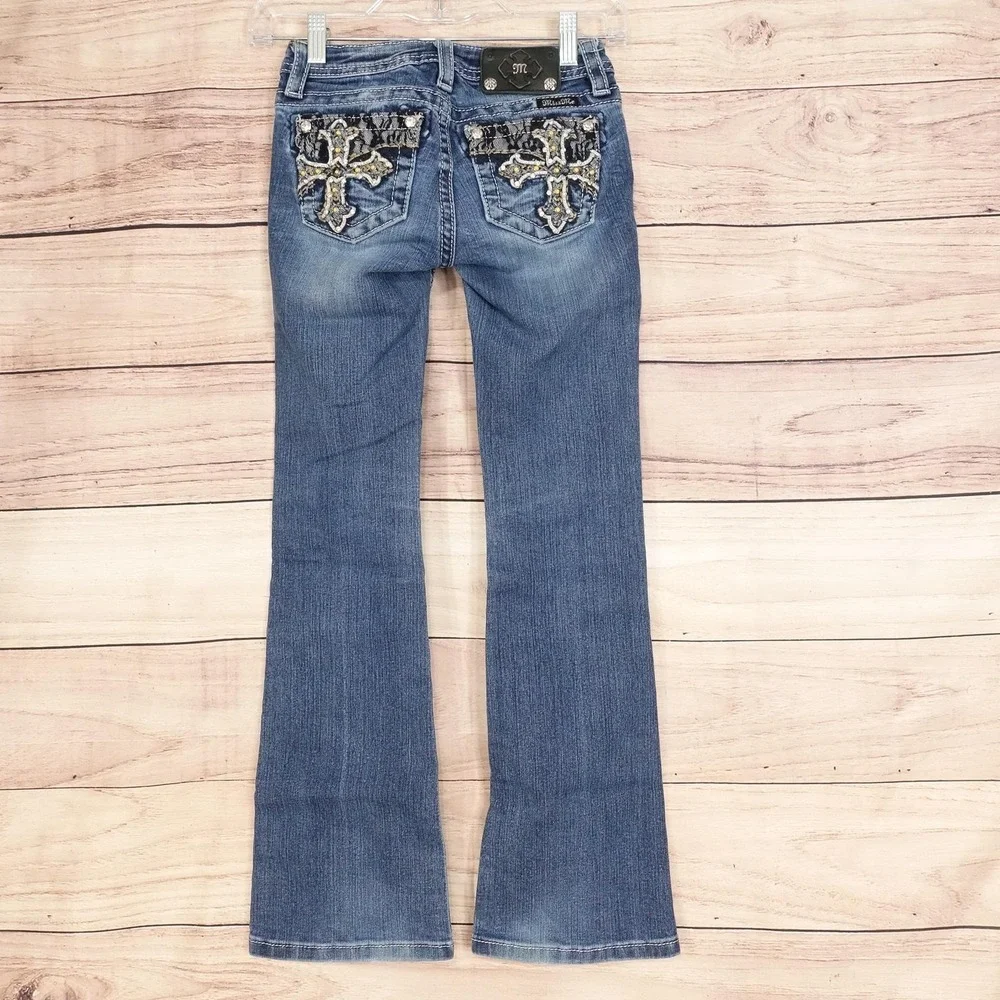 Miss Me Jeans Girls 10 Blue Bootcut Rhinestone Cross Back Pocket Stretch Denim